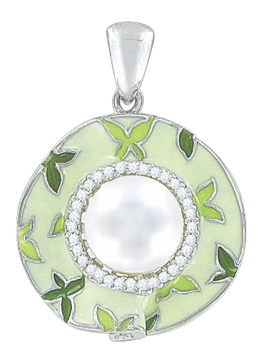 Pendant with pearl, enamel and zirconia 