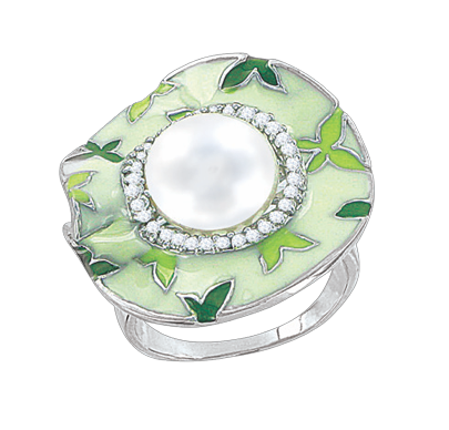 Women's ring with pearl, enamel and zirconia 