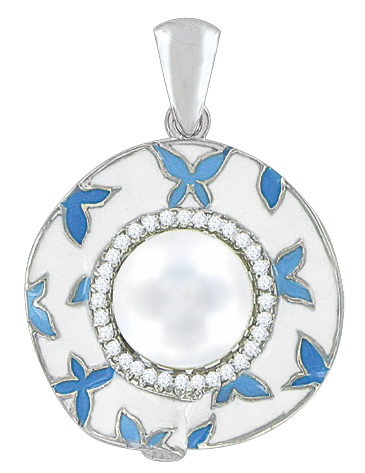 Pendant with pearl, enamel and zirconia 