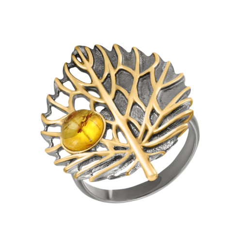 Women's ring with amber and gilding 