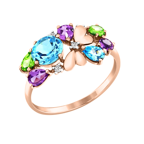Women's ring with topas, chrysolite, amethyst and zirconia 