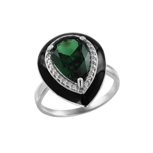 Women's ring with green sitall, enamel, zirconia 