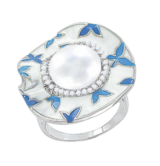 Women's ring with pearl, enamel and zirconia 