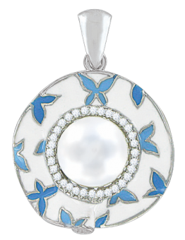Pendant with pearl, enamel and zirconia 