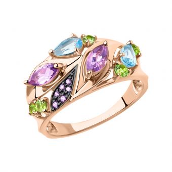Women's ring with topaz, chrysolite, amethyst and zirconia 