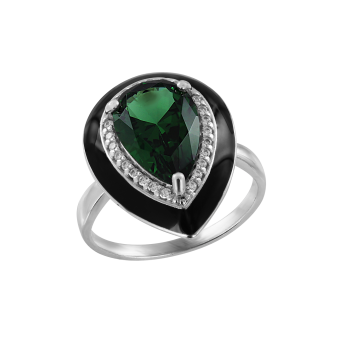 Кольцо с зеленым ситаллом, фианитами и эмалью 