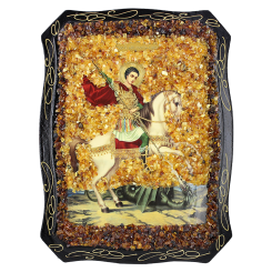 Orthodox icon "St. George" decorated with natural amber 