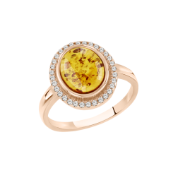 Кольцо из золочёного серебра с фианитами и янтарем 
