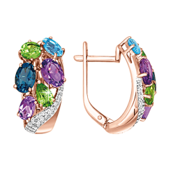 Серьги с топазами, фианитами, аметистами и хризолитами 