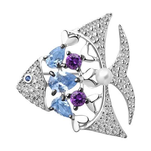 Brosche mit Perle, Amethyst und Zirkonia 