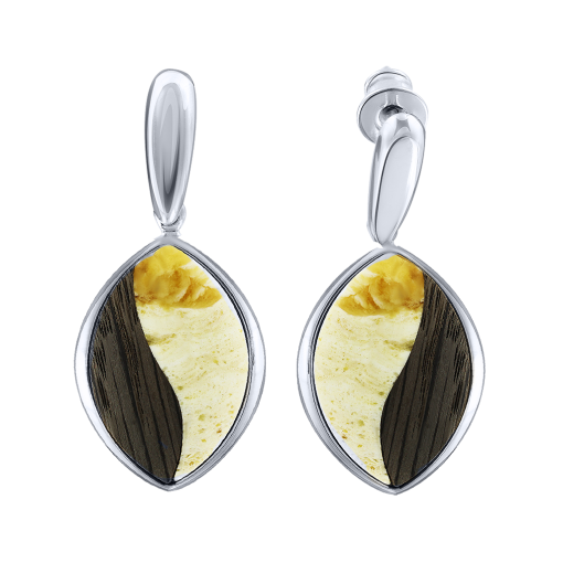 Stud earrings with milky amber and black oak 