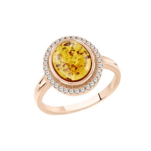 Кольцо из золочёного серебра с фианитами и янтарем 