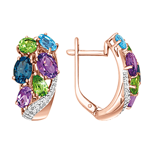 Серьги с топазами, фианитами, аметистами и хризолитами 