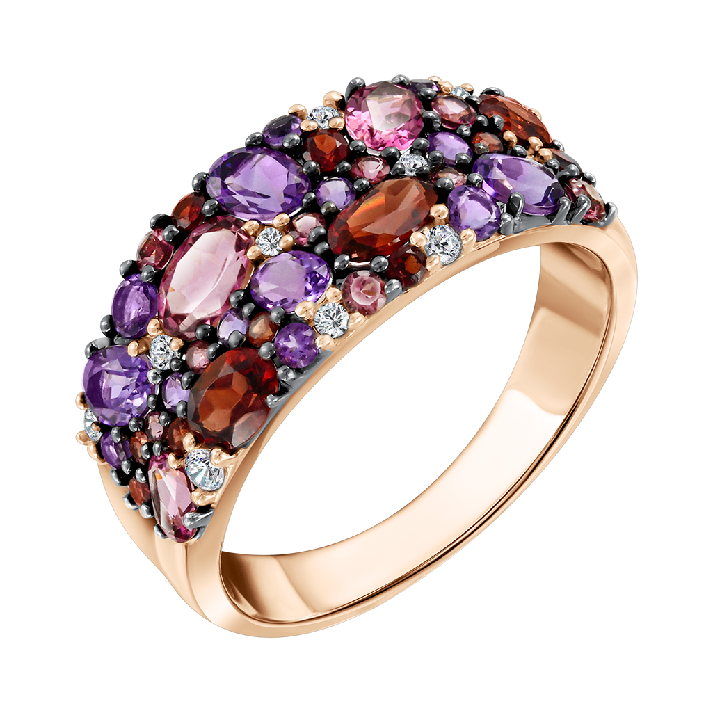 Damenring mit Amethysten, Granaten, Turmalinen und Brillanten 
